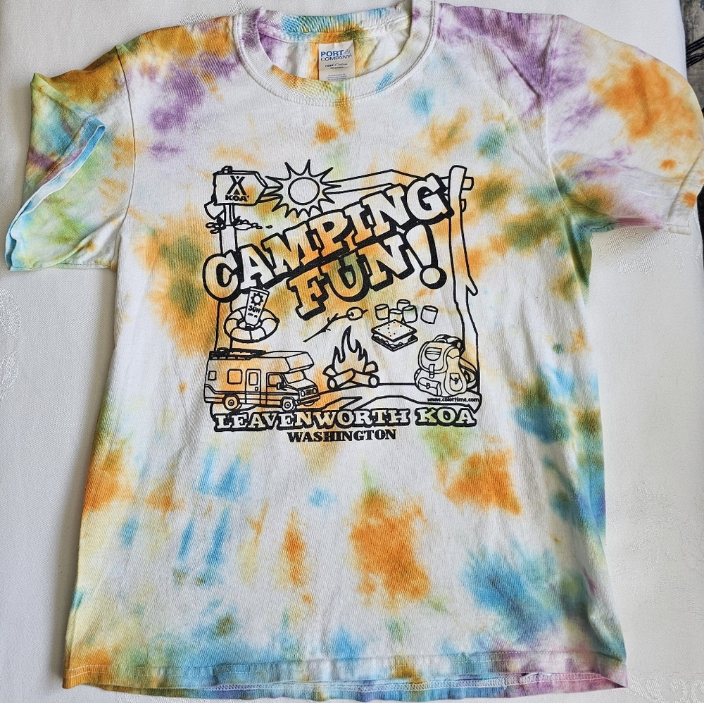 Colorful Tie-Dye "Camping Is Fun" Cotton Kids T-shirt Leavenworth, WA KOA